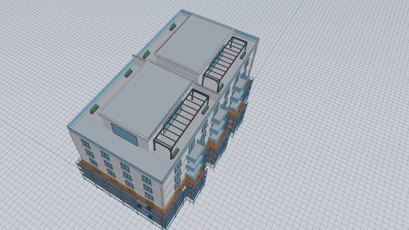 Ponteggio in 3D intorno a un edificio BIM, progettato con l'applicazione