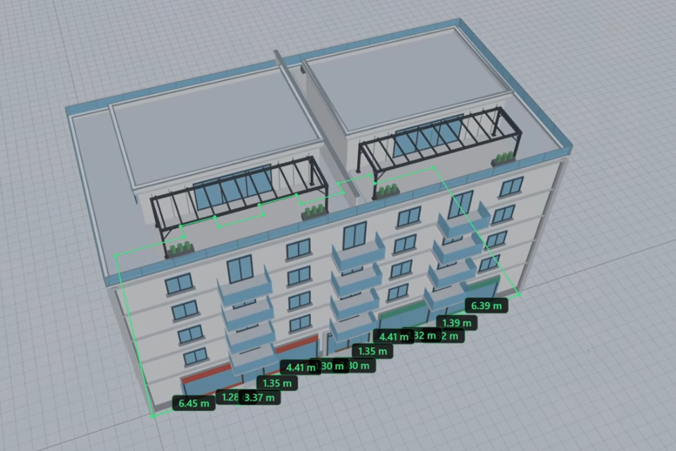 Pianta di un edificio BIM proiettata in tratti di ponteggio con le loro misure